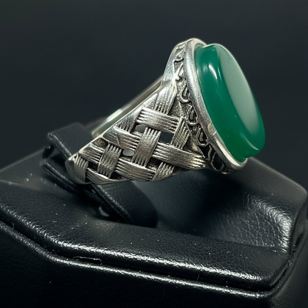100% Natural Green Aqeeq Stone Ring