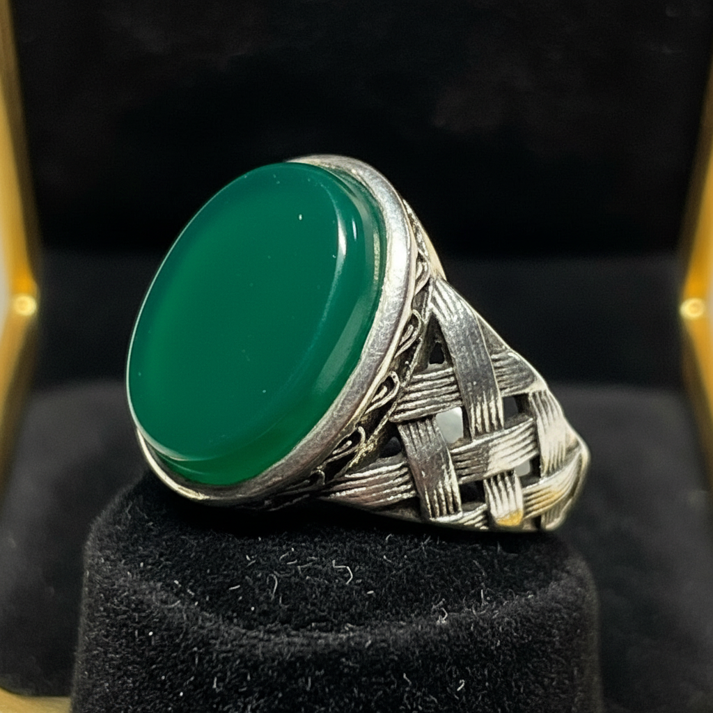 100% Natural Green Aqeeq Stone Ring