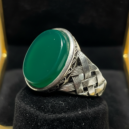 100% Natural Green Aqeeq Stone Ring