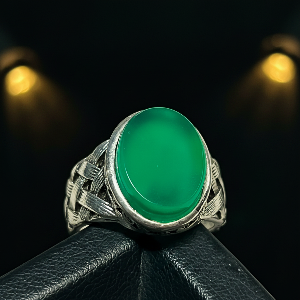 100% Natural Green Aqeeq Stone Ring